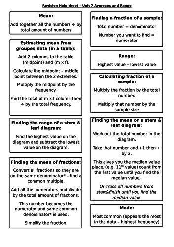 Revision Help Sheet for Unit 7 - Averages and Range