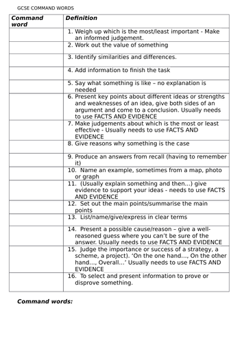 AQA Geography command word definition and example match up worksheet