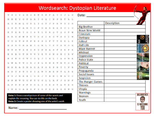 Dystopian Literature Wordsearch Puzzle Sheet Keywords KS4 Settler Starter Cover Lesson English