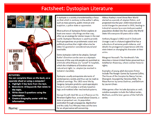 Dystopian Literature Factsheet Worksheet Keywords KS4 Settler Starter Cover Lesson English