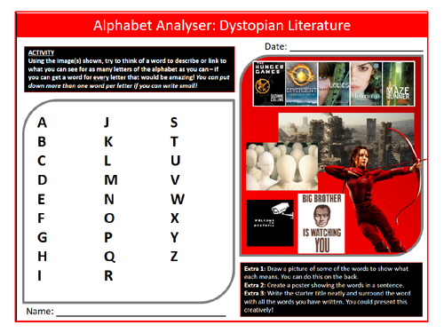 Dystopian Literature Alphabet Analyser Sheet Keywords KS4 Settler Starter Cover Lesson English