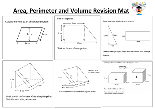 Area, Volume and surface area Foundation GCSE revision mat