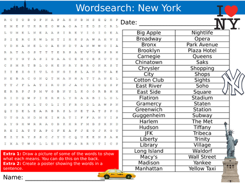 New York City Wordsearch Puzzle Sheet Keywords KS4 Settler Starter Cover Lesson Geography America