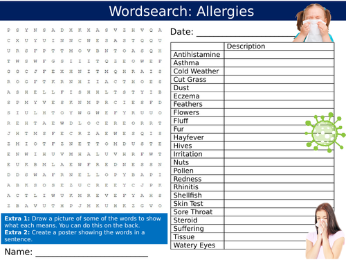 Allergies Wordsearch Puzzle Sheet Keywords KS4 Settler Starter Cover Lesson Biology PSHE Food