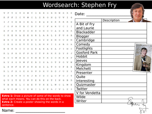 Stephen Fry Wordsearch Puzzle Sheet Keywords KS4 Settler Starter Cover Lesson Drama Actor