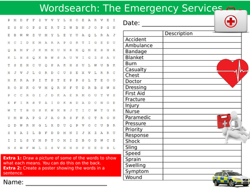 Emergency Services Wordsearch Puzzle Sheet Keywords KS4 Settler Starter Cover Lesson First Aid