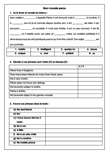 French KS3 mon monde perso: _ reading comprehension (basics, personal description, subjects) Allez 1