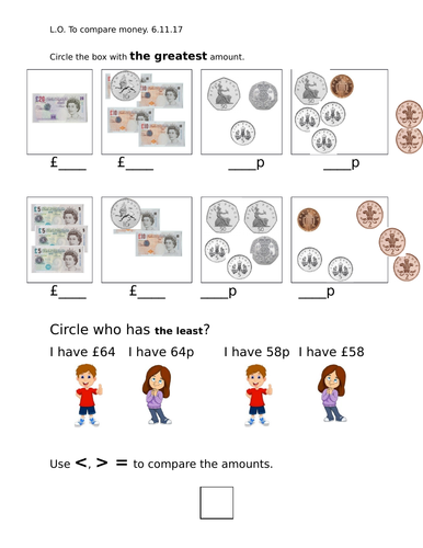 Compare money amounts, Year 2, differentiated 2 ways