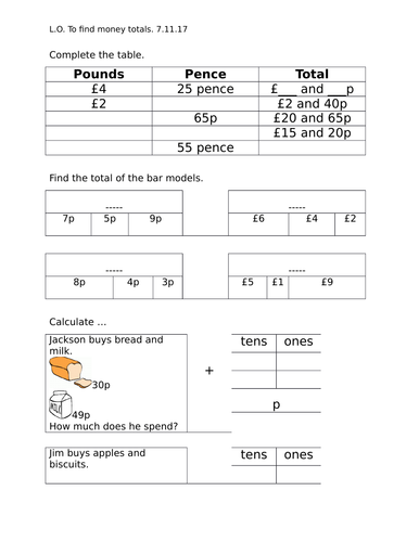 Adding money, Year 2, differentiated 2 ways