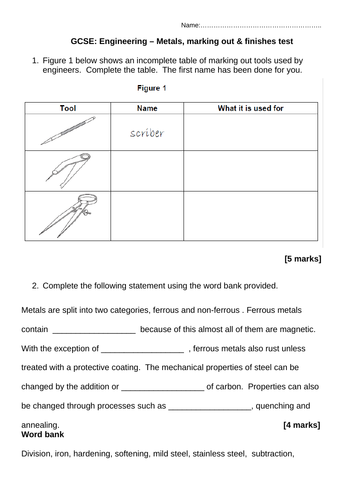 GCSE Engineering test: Metals, marking out & surface finishes