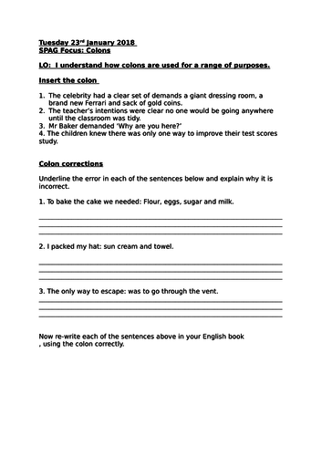 Colon worksheet KS2