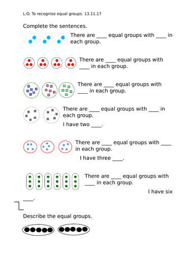 identifying making and adding equal groups year 2 worksheets