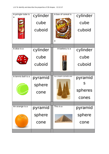 Year 2 worksheets, identify 3D shapes and their properties, 2 way differentiation