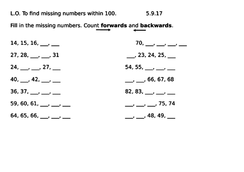 Year 2 Early Bird work Worksheets, Number sequences in counts of 1 within 20 and 100