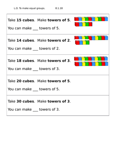 Early Bird Work for Year 2, Making equal groups using cubes, differentiated 2 ways.