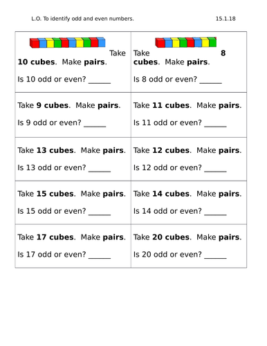 LA Year 2 Early Bird work, identifying odd or even numbers using cubes