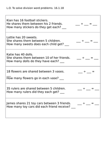 Year 2 Early Bird Work Division Word Problems Differentiated 2 Ways 