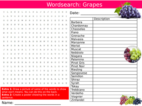 Grapes Wordsearch Puzzle Sheet Keywords KS4 Settler Starter Cover Lesson Food Technology