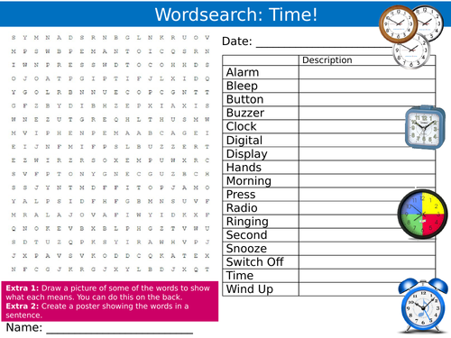 Clocks Telling The Time Wordsearch Puzzle Sheet Keywords Settler Starter Cover Lesson