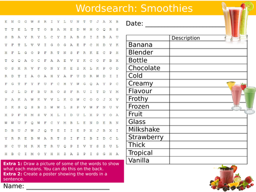 Smoothies Wordsearch Puzzle Sheet Keywords Settler Starter Cover Lesson Fruit Food Technology