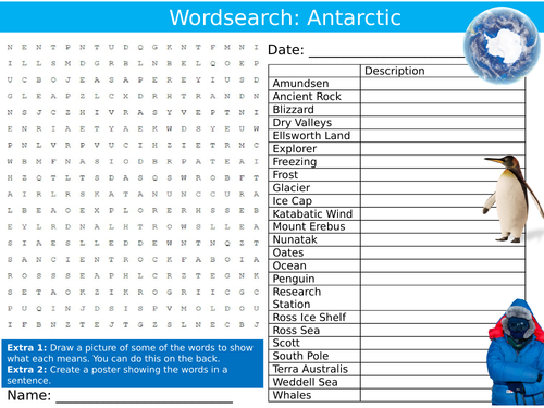 Antarctica Wordsearch Puzzle Sheet Keywords Settler Starter Cover Lesson Geography Continents