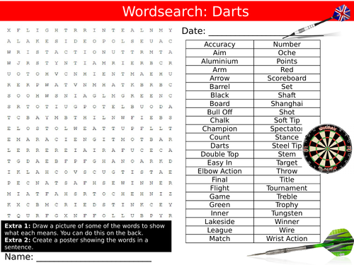Darts Wordsearch Puzzle Sheet Keywords Settler Starter Cover Lesson PE Sports