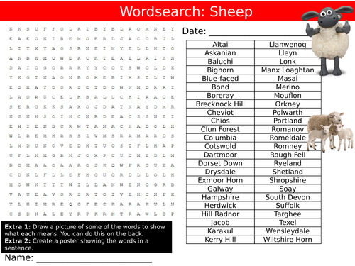 Sheep Wordsearch Puzzle Sheet Keywords Settler Starter Cover Lesson Farm Animals
