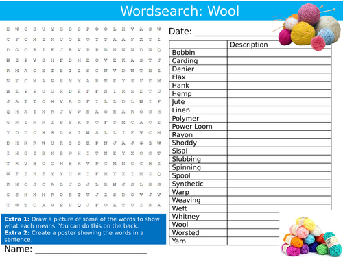 Wool Wordsearch Puzzle Sheet Keywords Settler Starter Cover Lesson Design Textiles