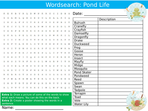 Pond Life Wordsearch Puzzle Sheet Keywords Settler Starter Cover Lesson Dipping Minibeasts