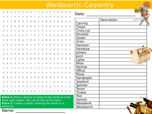 carpentry wordsearch puzzle sheet keywords settler starter cover lesson design woodwork teaching resources