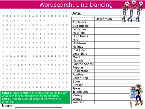 Line Dancing Wordsearch Puzzle Sheet Keywords Settler Starter Cover Lesson Dance