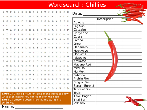 Chillies Wordsearch Puzzle Sheet Keywords Settler Starter Cover Lesson Food Technology