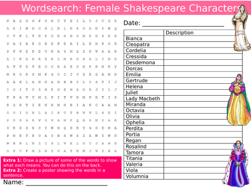Female Shakespeare Characters Wordsearch Puzzle Sheet Keywords KS4 Settler Starter Cover Lesson