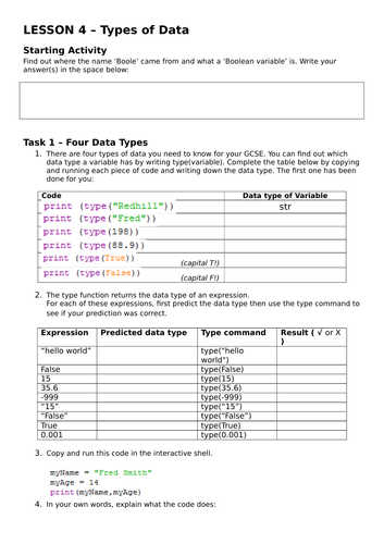 Python - Data Types Worksheet | Teaching Resources