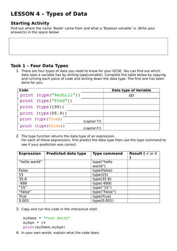 Python - Data Types Worksheet
