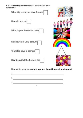 KS1 questions, statements and exclamations, select the correct punctuation mark