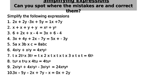 Simplifying Algebraic Expressions Teaching Resources