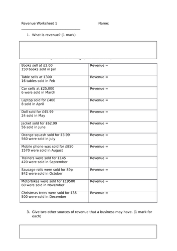 Revenue worksheets