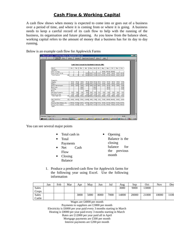 Cash flow forecast activity for GCSE & AS business students