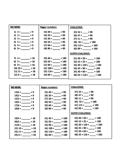 Lesson starter practicing number bonds for angles (sums to 90, 180 and 360)