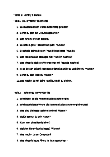 Speaking Exam Questions Aqa Themes Teaching Resources