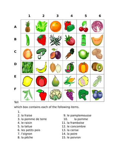 Fruits et Légumes (Fruits and Vegetables in French) Find it Worksheet