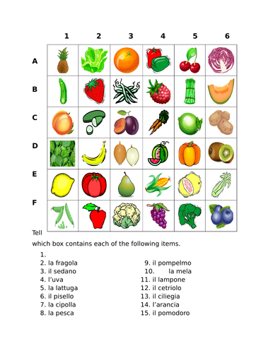 Frutta e Verdura (Fruits and Vegetables in Italian) Find it Worksheet