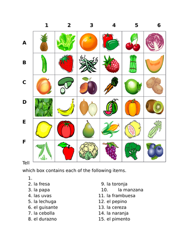 Frutas y Verduras (Fruits and Vegetables in Spanish) Find it Worksheet