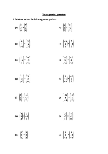 Vector product (cross product) worksheet