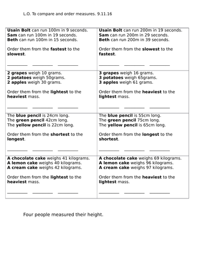 Year 2, ordering measures, word problems, worksheet