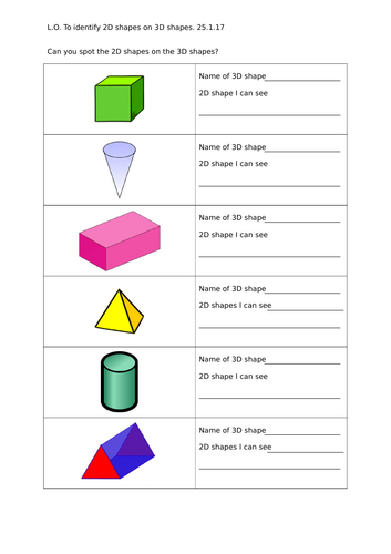 year 2 worksheets identify 2d shapes on 3d shapes teaching resources