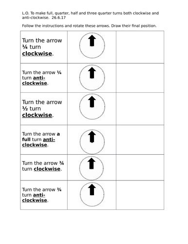 Year 2 worksheets, full, quarter, half and three quarter turns clockwise and anticlockwise.