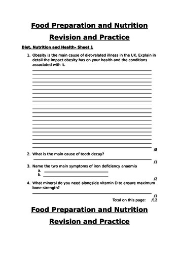 Diet, Nutrition and Health Revision Worksheet  AQA FPN