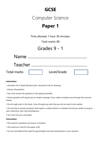 Gcse Computer Science Paper 1 Mock Exam In Style Of Aqa New Spec Grade 9 1 85 Teaching Resources